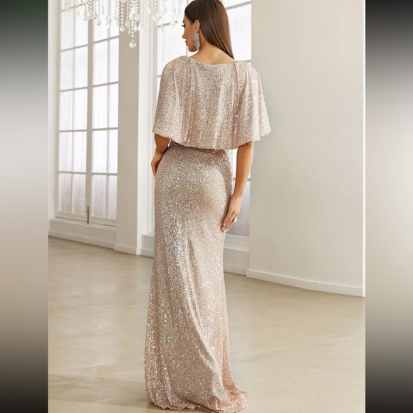 Luxe party formal cloak sleeve mermaid hem sequins gown dress champagne - Picture 7 of 8